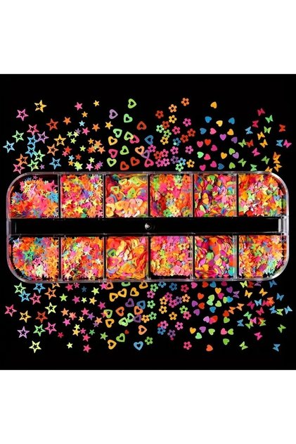 Karanlıkta Parlayan Neon Tırnak Süsleme Folyo Pulları Kalpler Yıldızlar Nail Art