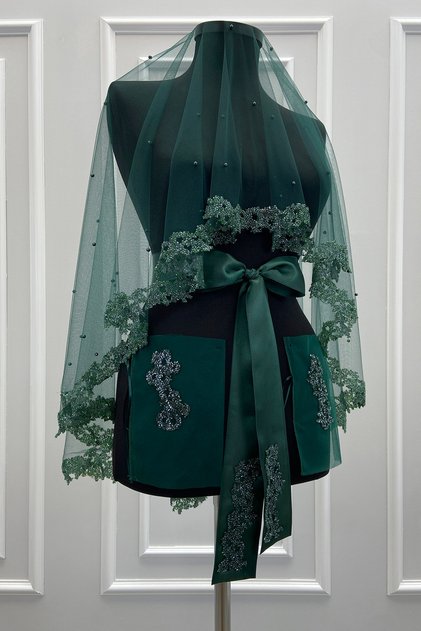 Green Bridal Veil Set, Glass Beads and Pearls, Henna Night Veil Face Cover Set 6 Pieces