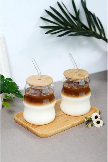 2 Pieces Heat Resistant Glass with Straw Bamboo Lid Model Borosilicate Cold and Hot Coffee Cup
