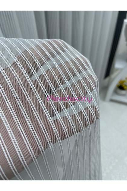 Striped Silver Glitter Detailed Tulle Curtain 1X3 Tight Pile Ironing Not Suitable for Heavy Weight Suitable for Any Room
