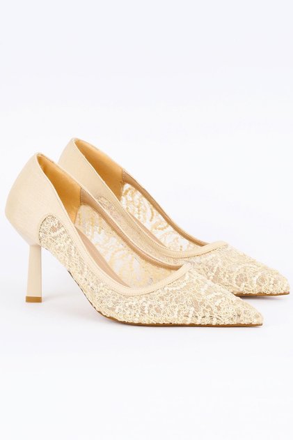 Women's Beige Mesh Detailed Heeled Shoes - Elantra
