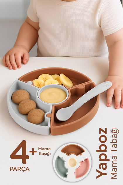 Puzzle Food Plate Spoon Set - Silicone Vacuum Bottom Puzzle Food Plate Silicone Spoon - Brown Gray
