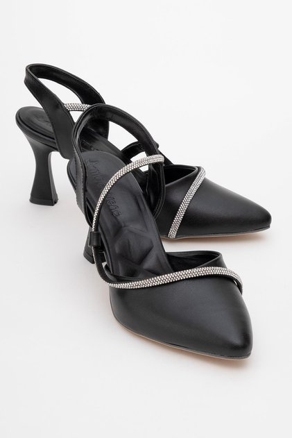 Women's Stone Piping Heeled Shoes Black Skin