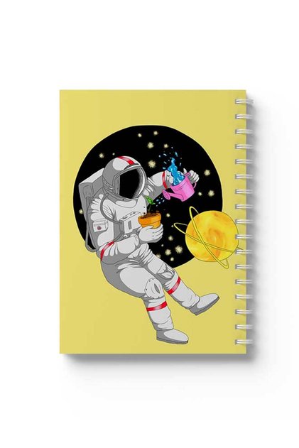 Spiral Notebook with Front and Back Hard Covers Featuring Astronaut with Plant Design