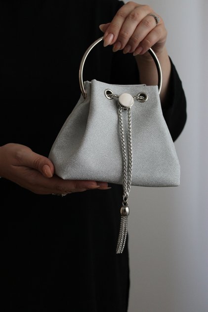 Women's Silvery Silver Elegant Metal Handle Silvery Textured Evening Dress Bag
