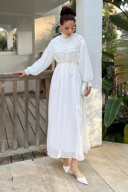 Omar Gathered Chiffon Dress White- Trendyol