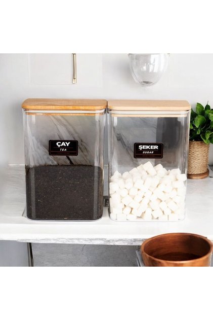 2'li Ahşap Vakumlu Kapaklı Çay Şeker Saklama Kavanozu / Kabı ve Kutusu 3 Litre ETİKETLİ