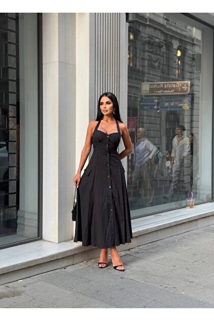Stil Sepeti Women's Black Long Poplin Dress Halter Neck Buttoned Lined Summer Dress Ely-10001731- Trendyol Stil Sepeti Women's Black Long Poplin Dress Halter Neck Buttoned Lined Summer Dress Ely-10001731- Trendyol