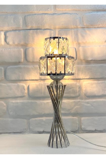 Modern Dekoratif Krom Metal Ayaklı Burgu Model Kristal Taşlı Şapkalı Abajur Masa Lambası