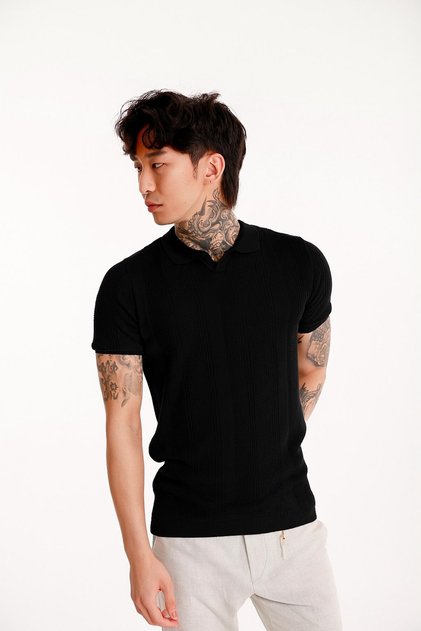Men's Black Polo Neck Knitwear T-Shirt – Short Sleeve, Modern Slim Fit, Summer Knitted Textured Model