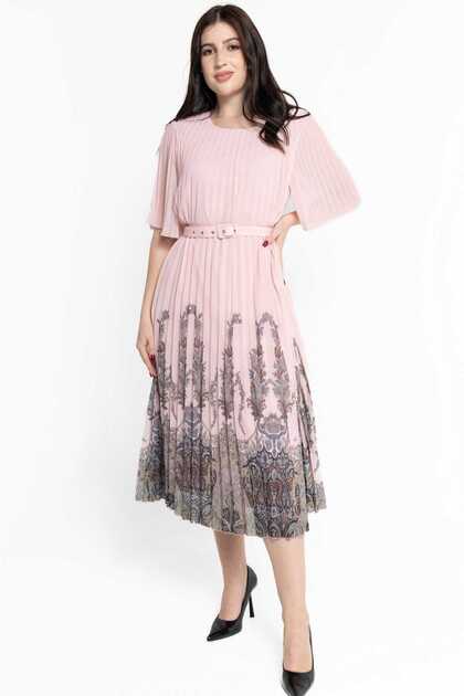 Women's Short Sleeve Pleated Midi Dress with Print