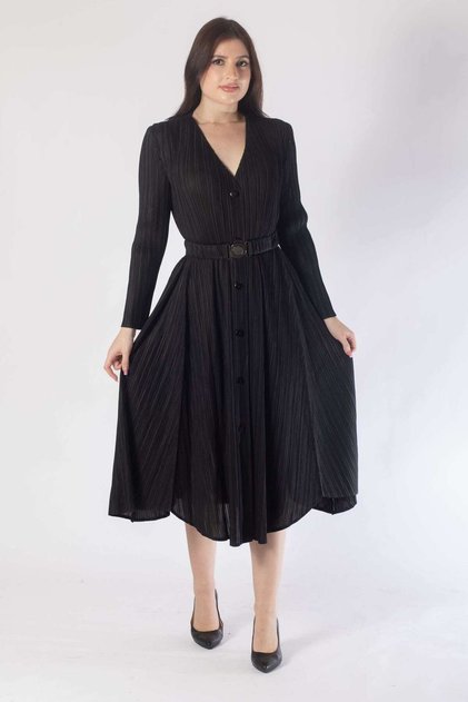 Women's Long Sleeve Midi Dress with Front Buttons