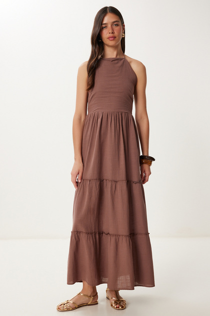 Halter Neckline Flounced Summer Linen Dress Lgp0015 Brown