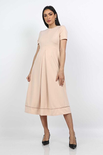 Solid Puff Midi Dress with Short Sleeves