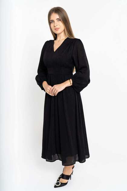 Women's Long Sleeve Plain Midi Dress with Seven Opening