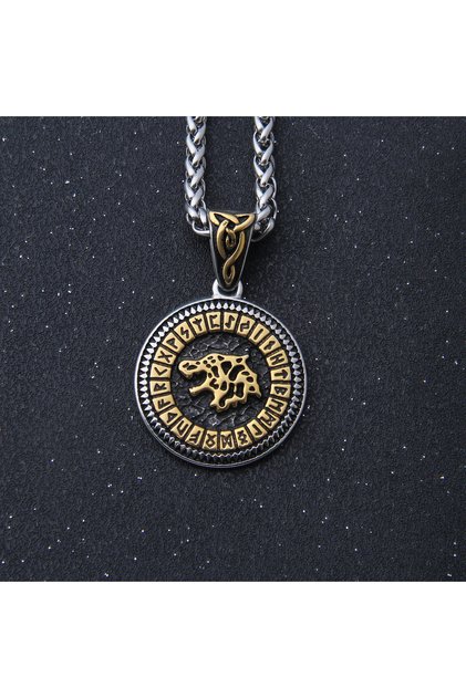 Nordic Mythology Odin Runic Alphabet Wolf Design 316L Stainless Steel Necklace