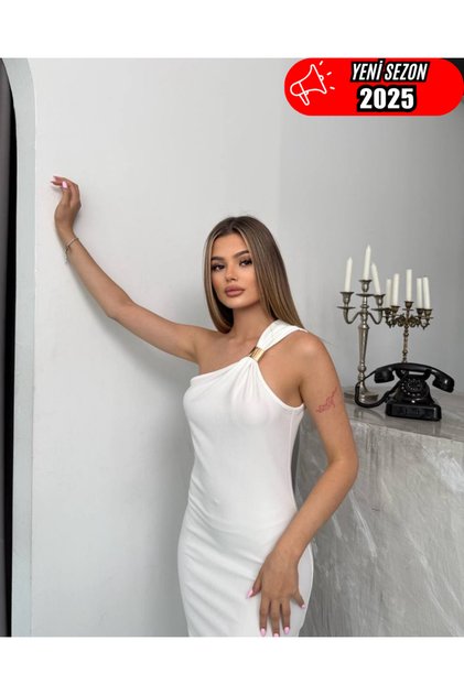 White Sandy Fabric One Shoulder Gold Buckle Stylish Dress
