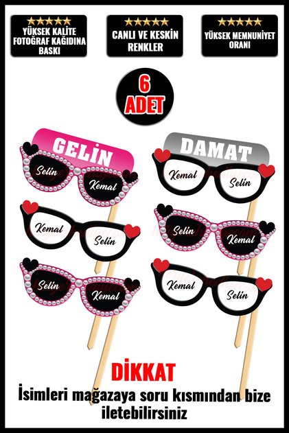 Kişiye Özel İsimli Çubuklu Karton Gelin Damat Gözlük - Bride Gözlük - 6 Adet