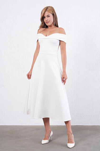 Women's White Stretchy Scuba Fabric Strapless Neckline Design Midi Flared Evening Dress 77128