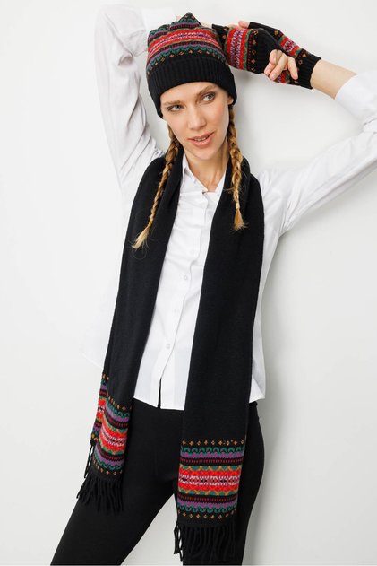 Women's Wool Kaşkol with Jacquard Tassels on the Edges Black