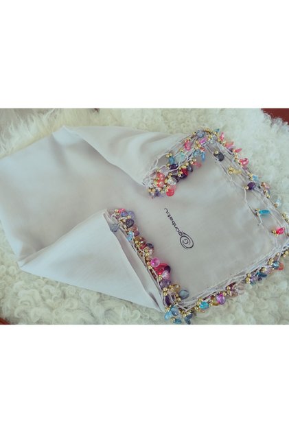 Handmade Crystal Drop Stone Beaded Writing, Cheesecloth Yemeni, Scarf, 4 Edges Embroidered