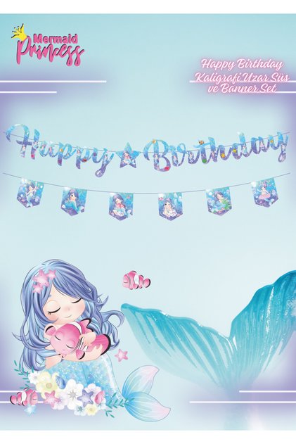 Mermaid Happy Birthday Calligraphy and Banner Set