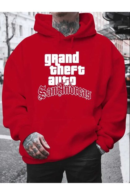Gta San Andreas Printed Hooded Pocket Red Sweatshirt with Wool Inside