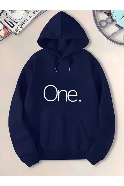 One Printed Hooded Pocket Inside Wool Navy Blue Sweatshirt