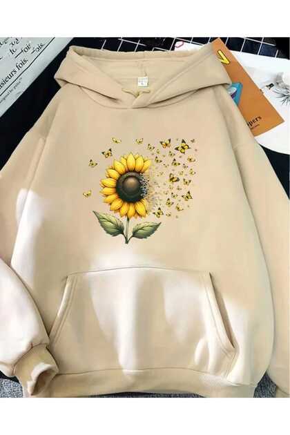 Sunflower Printed Hooded Pocket Beige Sweatshirt with Wool Inside