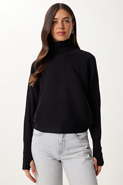 ruka ページ Happiness İstanbul Kadın Siyah Parmak Geçmeli Crop Fitilli Triko