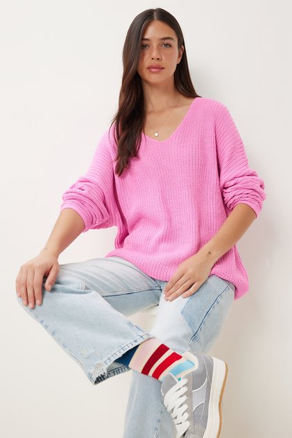 Women's Pink V-Neck Brioche Knit Oversized Knit Sweater ZA00059