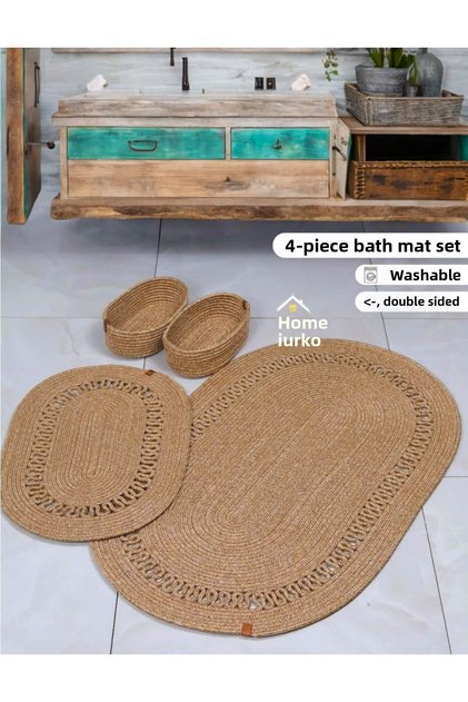 4-Piece Set Jute, Straw, Mat, Bath Mat, Bath Mat Set, and Bath Basket