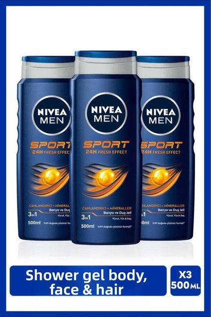 Men Men's Revitalizing Bath and Shower Gel Sports 500ml, Body Facial Hair, X3 Pieces