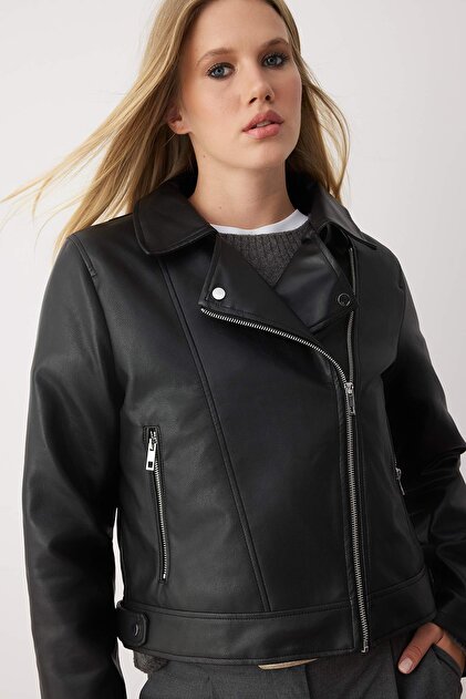 Trendyolmilla Siyah Fitted Kalıp Suni Deri Biker İnce Ceket Mont