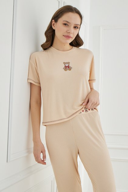 Cute Shapes Detail Kısakol Women's Beige Pajama Set