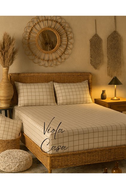 Double Cotton Elastic Sheet Set 160x200 Cream Square