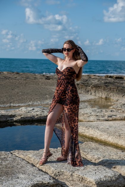 Women's Deep Slit Strapless Long Tulle Leopard Dress