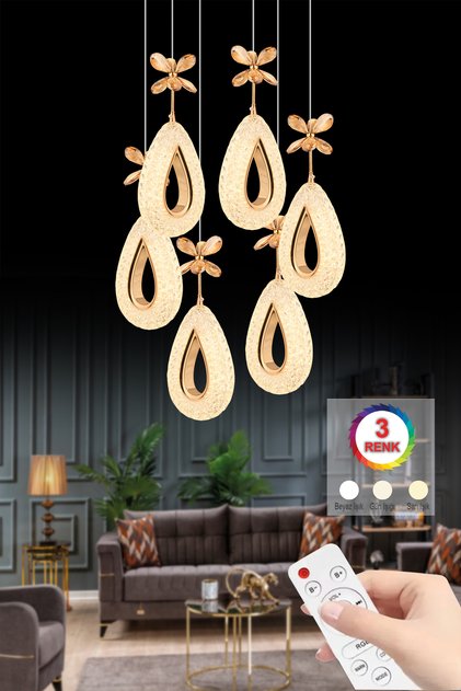 Hera 6'lı Gold Kumandalı 3 Renk Ledli Modern Led Avize