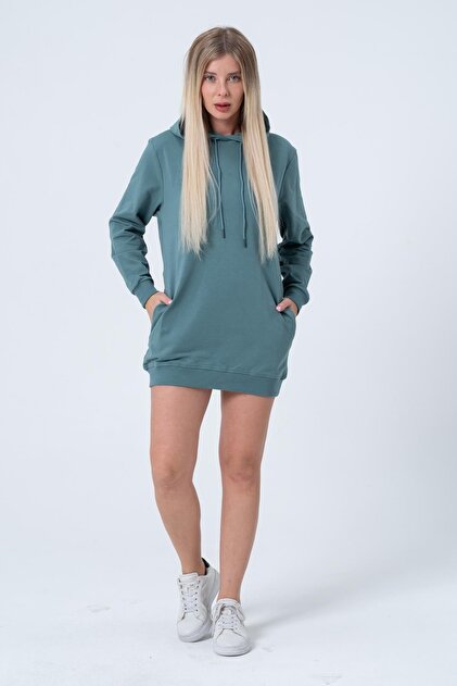 Rich Green Long Sweatshirt Dress Tunic Long Sleeve Side Pocket- Trendyol Rich Green Long Sweatshirt Dress Tunic Long Sleeve Side Pocket- Trendyol