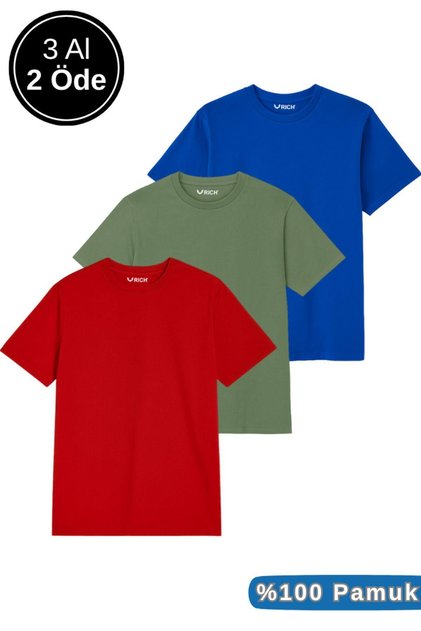 Erkek 3'lü Paket Kırmızı-Mavi-Koyu Yeşil Pamuklu Oversize Tişört Bisiklet Yaka Kısa Kollu T-Shirt