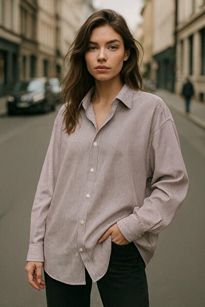 Women's Burgundy Striped White Oversize Shirt over Fit Relaxed Shirt