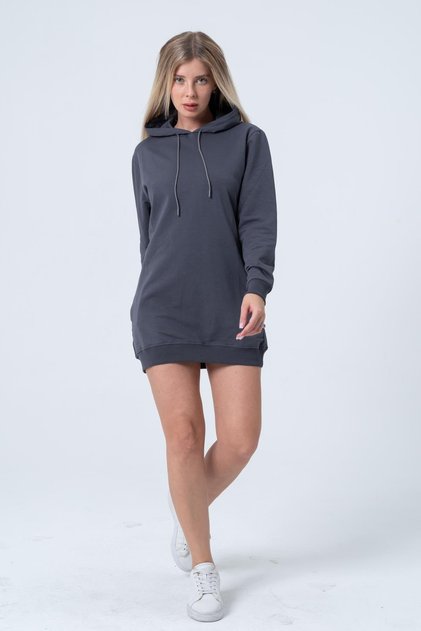 Smoked Long Sweatshirt Dress Tunic Long Sleeve Side Pocket
