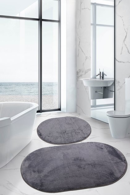 Lunasoft Anthracite Oval Modern Soft Machine Washable Non-Slip Luxury 2-Piece Bathroom Mat Set