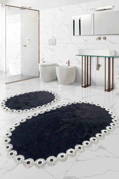 Dorella Black French Lace Luxury Soft Washable Double Oval Bath Mat Set