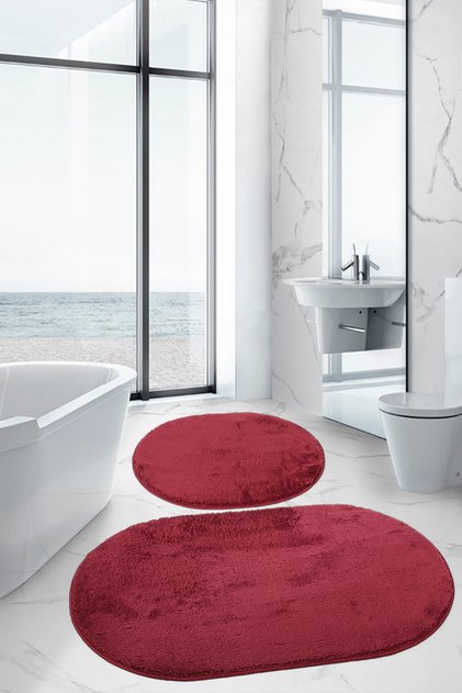 Lunasoft Red Oval Modern Soft Machine Washable Non-Slip Luxury 2-Piece Bathroom Mat Set