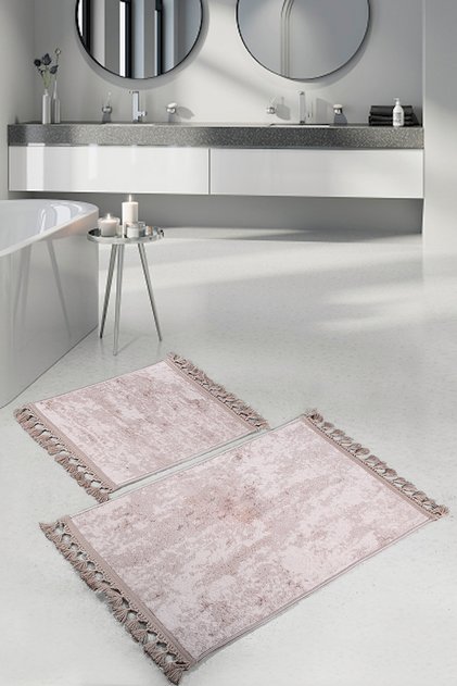 Lunessa Mink Modern Non-Slip Soft Machine Washable 2-Piece Pompom Fringed Bath Mat