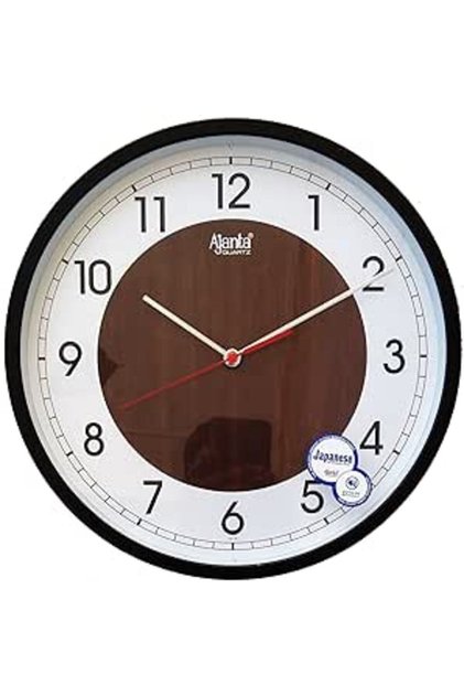 Silent Movement Wall Clock – 12 Inch – Non-Ticking Quartz – Brown Frame – White Dial