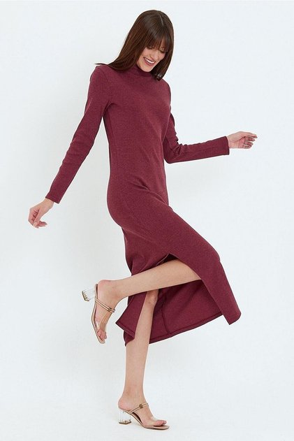 Women's Twill Turtleneck Ribbed Camisole Midi Length Dress