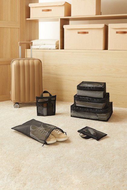 6'lı Siyah File Valiz Düzenleyici Bavul İçi Organizer Set, Seyahat Hurcu