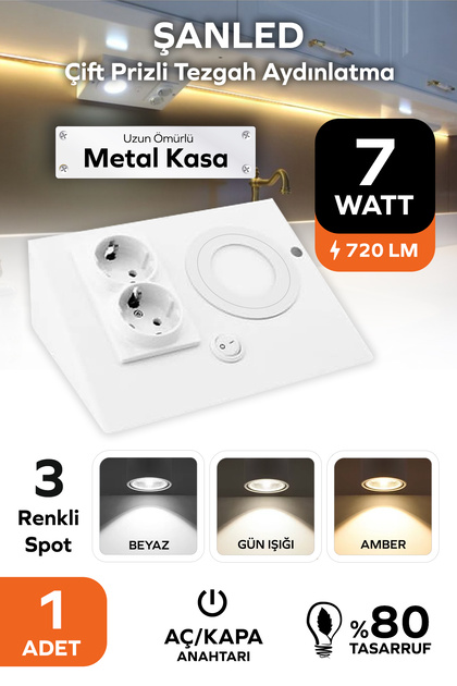 7w 3 Renkli Beyaz Çift Prizli Dolap & Tezgah Altı Metal Led Aydınlatma